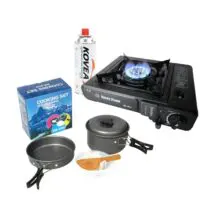 A set of portable gas stove, gas cylinder (KOVEA KGF-0220) 220 g, a set of pots and pans for hiking