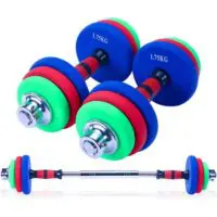 Dumbbells, free weight dumbbells, colorful neoprene covered dumbbell set with metal handles, comes with connecting rod, used as barbell strength training equipment.