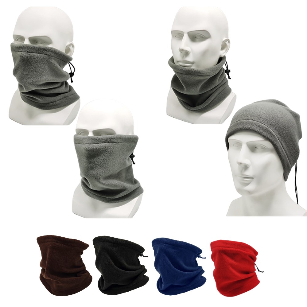 Buff on the face is black and white color. Bandana, scarf, buff