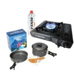 3-1 ში ნაკრები პორტატული გაზქურა , გაზის ბალონი (KOVEA KGF-0220) 220გრ სალაშქრო ჭურჭლის ქვაბების ნაკრები